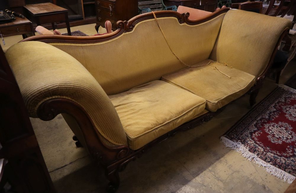 An early Victorian rosewood scroll end settee, width 220cm, depth 64cm, height 88cm